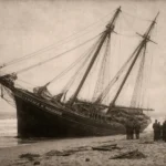 An artistic digital rendering of what it must have looked like to see the lawrence m. Mckenzie washed ashore in the late 1800's / artistic creation | not an actual photo
