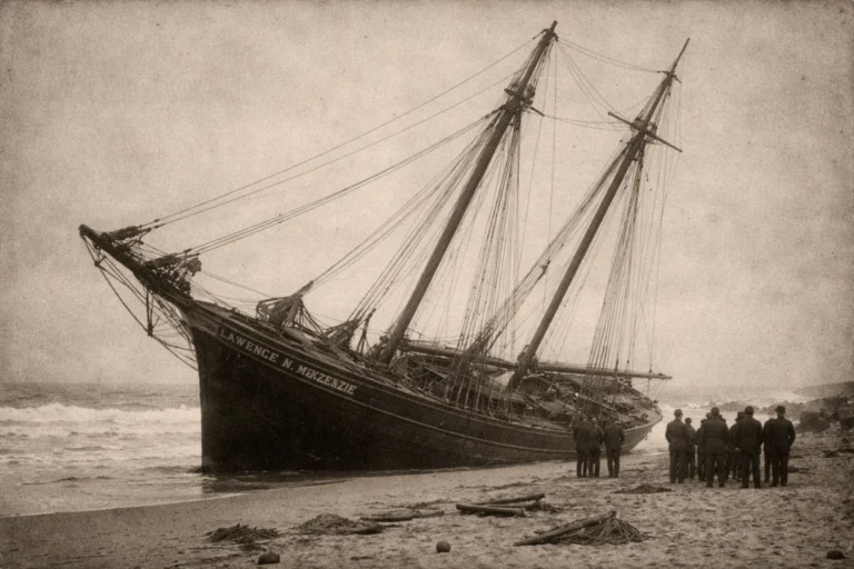 An artistic digital rendering of what it must have looked like to see the Lawrence M. McKenzie washed ashore in the late 1800's / Artistic Creation | Not an actual photo