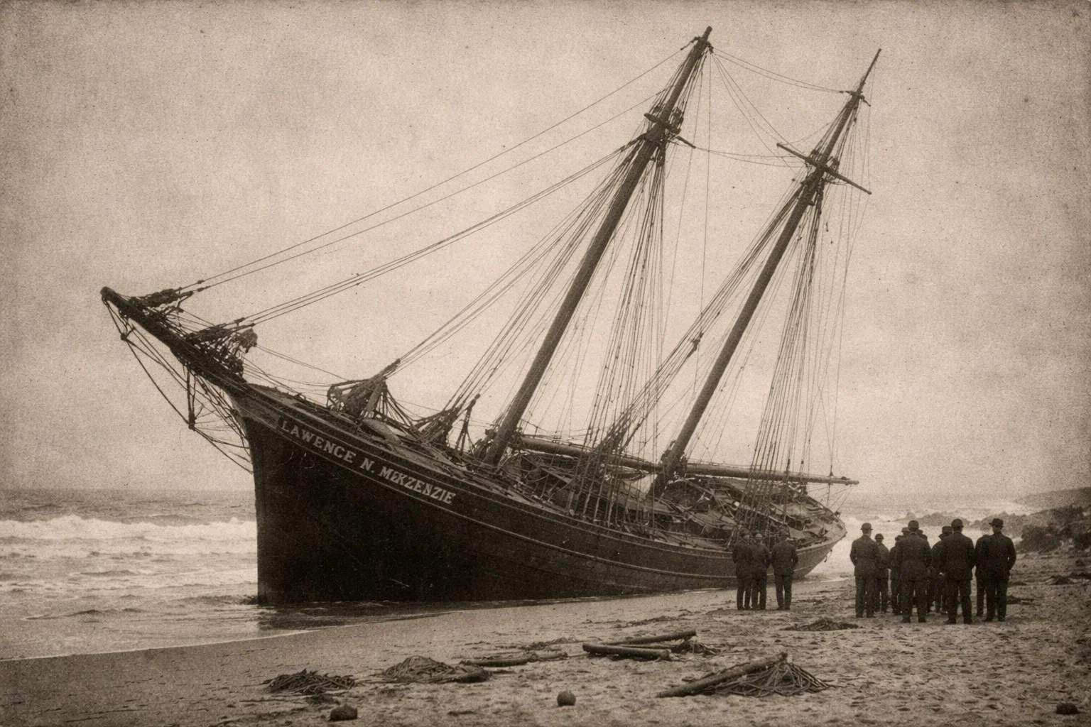 An artistic digital rendering of what it must have looked like to see the Lawrence M. McKenzie washed ashore in the late 1800's / Artistic Creation | Not an actual photo