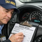 Political satire: tax collector inspecting a car odometer - photoshop/ai rendered