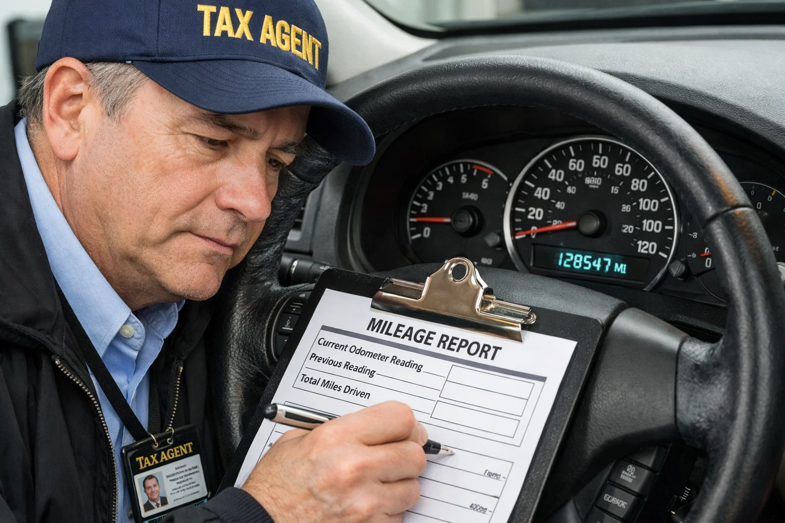 Political Satire: Tax collector inspecting a car odometer - Photoshop/AI rendered