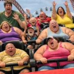 Satire- overweight, short and tall people on a rollercoaster - photoshop created