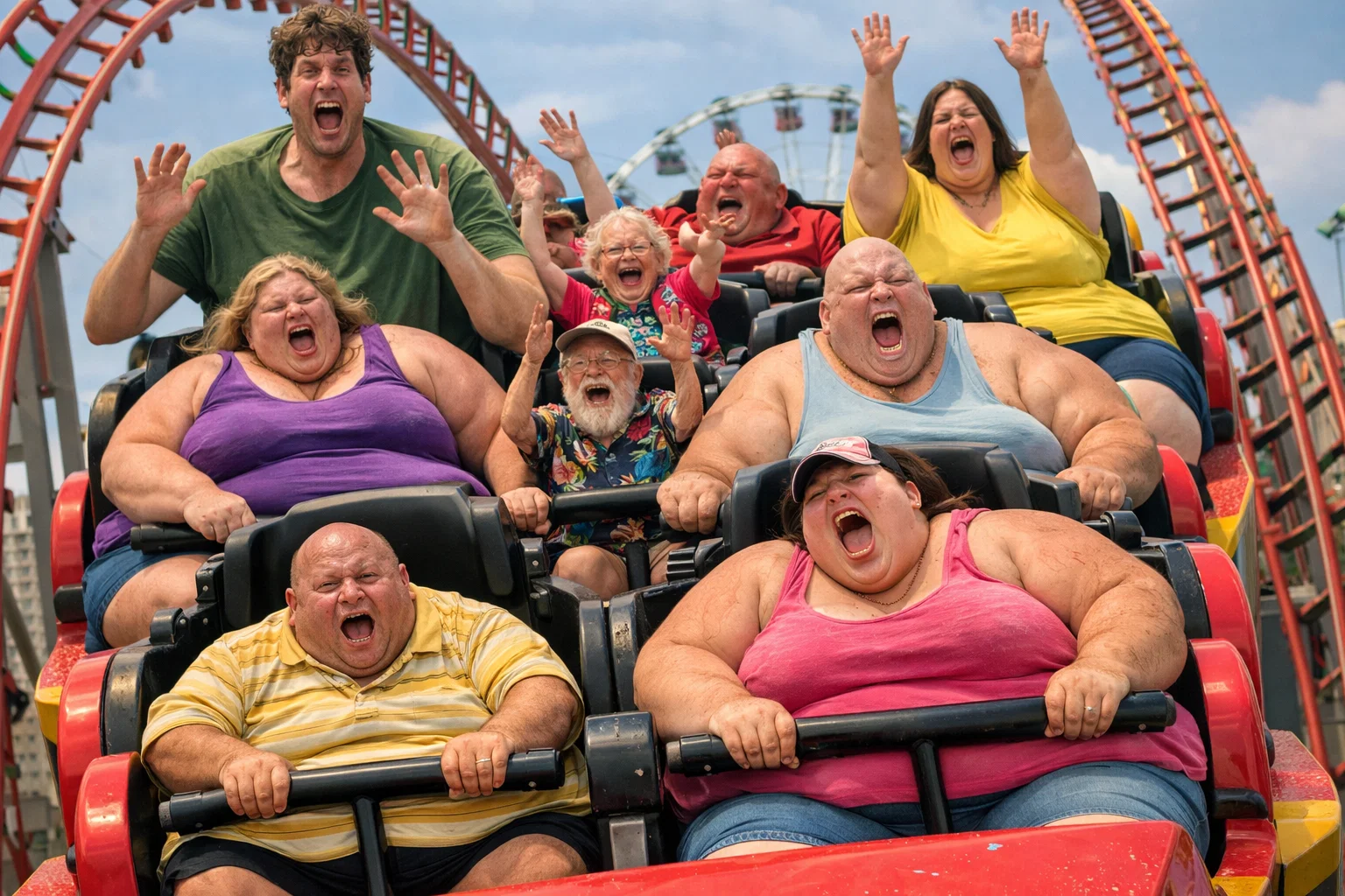 Satire- Overweight, short and tall people on a rollercoaster - Photoshop Created