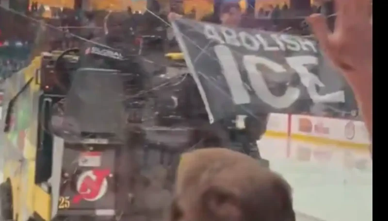 ‘abolish ice’ banner on zamboni during new jersey pro hockey game intermission causes online stir