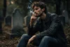 Picture of a man smoking a cigarette while sitting in a cemetery