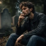 Picture of a man smoking a cigarette while sitting in a cemetery