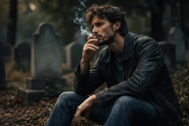 picture of a man smoking a cigarette while sitting in a cemetery
