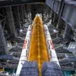All work platforms are retracted from around NASA’s Artemis II SLS (Space Launch System) rocket and Orion spacecraft, secured to the mobile launcher, inside the Vehicle Assembly Building on Thursday, March 19, 2026, in preparation for rollout to Launch Complex 39B at NASA’s Kennedy Space Center in Florida.  NASA/Frank Michaux