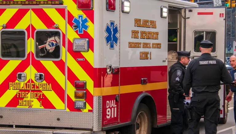 Two Philadelphia Transit Policeman are seen by a Philadelphia Fire Department Emergency Medical Services ambulance on a city street