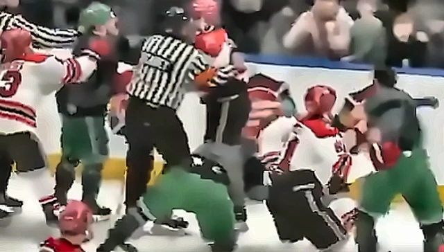 Nypd, firefighters throw punches in three-minute long violent bench clearing brawl at charity hockey game