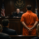 Defendant in an orange jumpsuit stands with hands cuffed behind his back in a wood-paneled courtroom, facing the judge at the bench as an audience looks on.