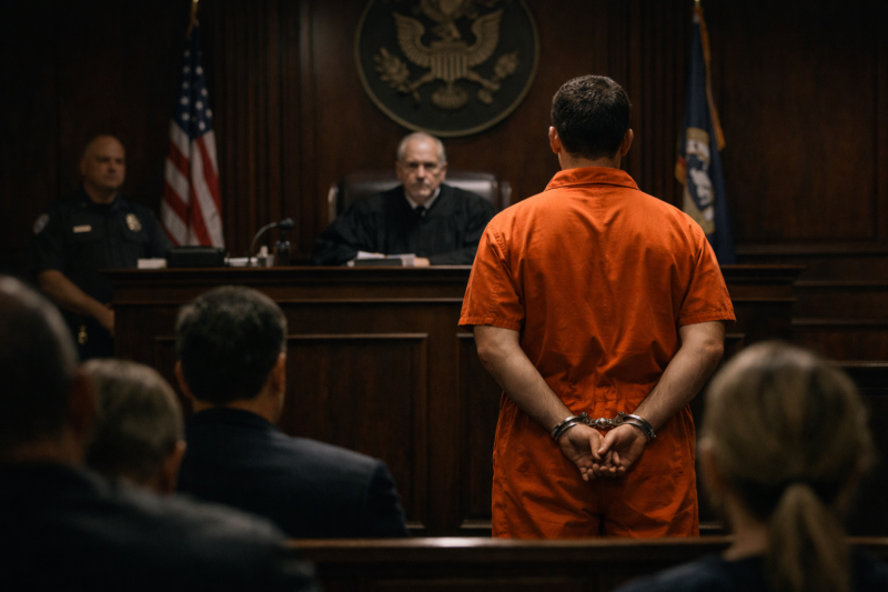 Defendant in an orange jumpsuit stands with hands cuffed behind his back in a wood-paneled courtroom, facing the judge at the bench as an audience looks on.