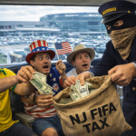 Masked conductor in a dark suit and bandana reaches into a burlap sack labeled 'NJ FIFA TAX' as money spills out, while three surprised men in patriotic outfits hold cash nearby in a bus or train setting.
