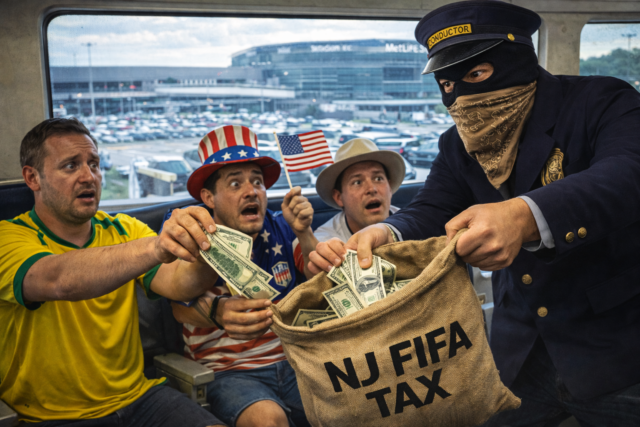 Masked conductor in a dark suit and bandana reaches into a burlap sack labeled 'nj fifa tax' as money spills out, while three surprised men in patriotic outfits hold cash nearby in a bus or train setting.