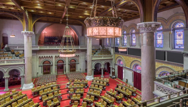 The house of assembly chamber from the balcony inside the historic new york state capitol building at state street and washington avenue in albany, new york
