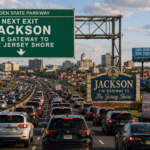 Heavy highway traffic near Jackson, New Jersey, with a large green exit sign reading 'Next Exit JACKSON' over multiple lanes.