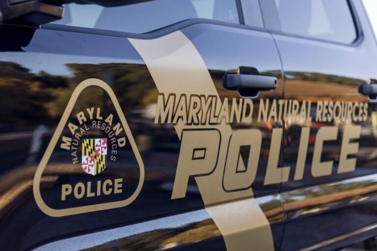 Maryland Natural Resources Police car door with badge emblem and bold POLICE lettering on a dark blue vehicle.