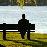 Person sitting on a park bench by a lake, facing the water with tree branches overhead.