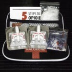 Naloxone nasal spray kit in a black case with two spray devices in blister packs and a card labeled Naloxone