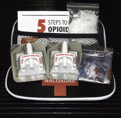 Naloxone nasal spray kit in a black case with two spray devices in blister packs and a card labeled naloxone