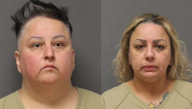 Two front-facing mugshots side by side of a woman in a beige top against a gray background, one with dark hair and one with blonde hair.