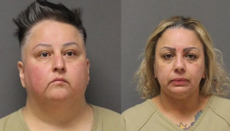 Two front-facing mugshots side by side of a woman in a beige top against a gray background, one with dark hair and one with blonde hair.