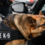 Police K-9 dog wearing a vest sniffing the side of a car window, ready for duty