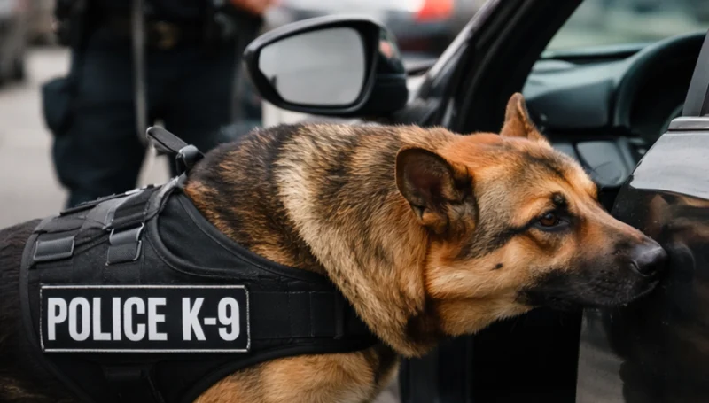 Police k-9 dog wearing a vest sniffing the side of a car window, ready for duty