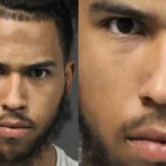 Mugshot collage of a young man with a beard and mustache; left shows full face, right shows a close-up of the lower face.
