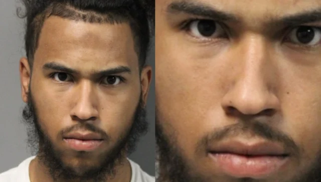 Mugshot collage of a young man with a beard and mustache; left shows full face, right shows a close-up of the lower face.