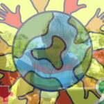 Kids outside, one child holding a tablet, with a bright multicolor map-style overlay across the image.