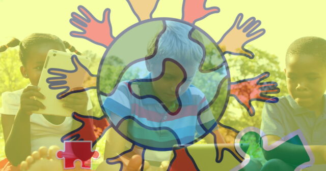 Kids outside, one child holding a tablet, with a bright multicolor map-style overlay across the image.