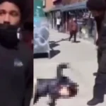 Two-panel image: left: man in a black coat with his face masked; right: man in black coat standing near a person lying on a sidewalk in an urban street.