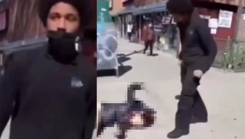 Two-panel image: left: man in a black coat with his face masked; right: man in black coat standing near a person lying on a sidewalk in an urban street.