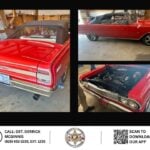 Triptych of a red vintage convertible in a garage: rear view with license plate HAZ-9233, side view with black top, and a close engine bay shot. A bottom banner shows a sheriff badge and a QR code.
