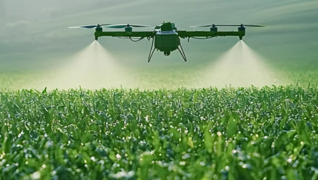Agricultural drone spraying a green field with mist from its nozzles at ground level