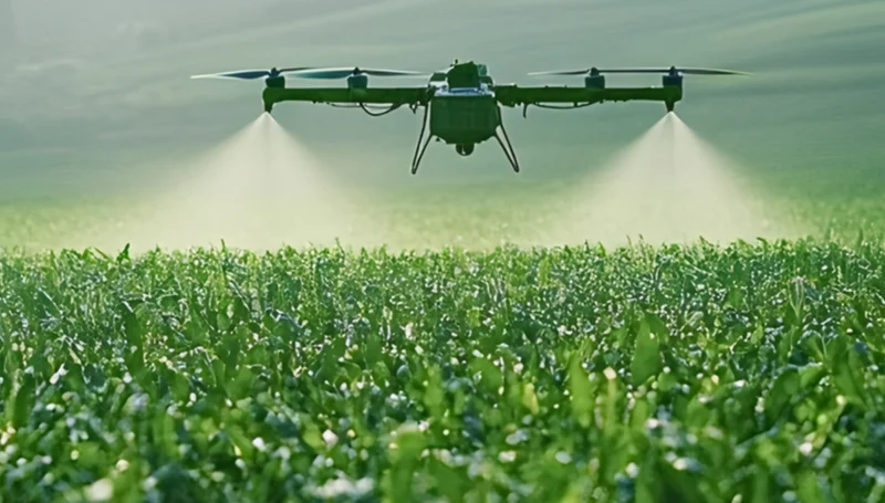 Agricultural drone spraying a green field with mist from its nozzles at ground level