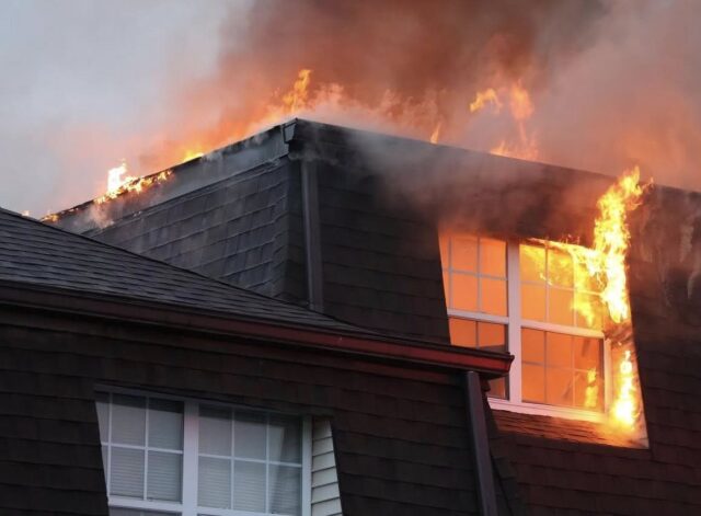 House on fire with flames and smoke engulfing the roof and a second-story window area.