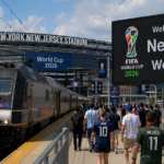 Passenger train at a stadium platform as fans walk toward the entrance for the FIFA World Cup 2026.