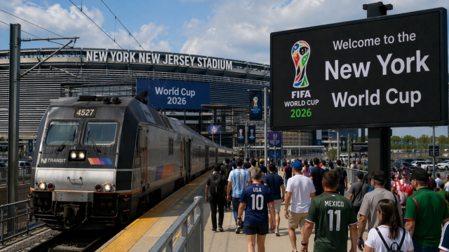 Passenger train at a stadium platform as fans walk toward the entrance for the FIFA World Cup 2026.