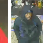 Six-frame surveillance collage of a man wearing hoodies in red, blue, and gray outfits.