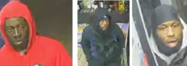 Six-frame surveillance collage of a man wearing hoodies in red, blue, and gray outfits.