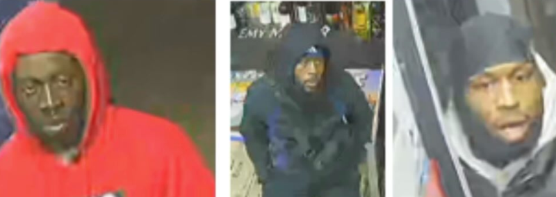 Six-frame surveillance collage of a man wearing hoodies in red, blue, and gray outfits.