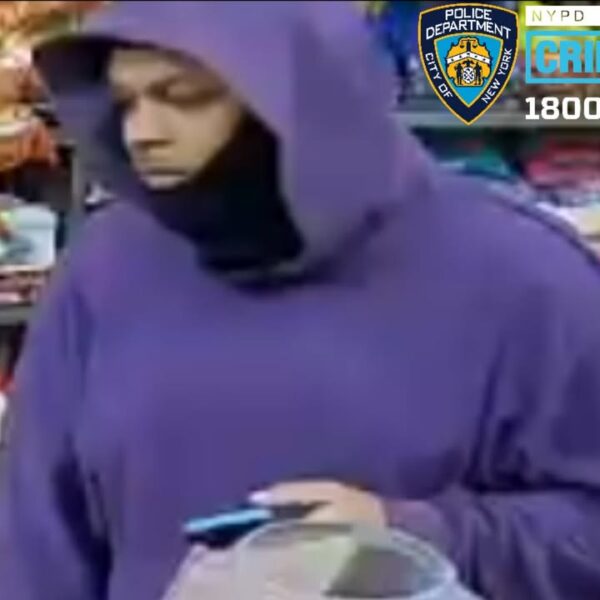 Person in a purple hoodie with the hood up and face partially covered by a black scarf, holding a small blue object in a store aisle; police/crime alert logos partially visible at the top corner