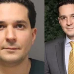 Side-by-side: left is a mugshot-style portrait of a man with dark hair; right is a professional headshot in a gray suit and yellow tie.