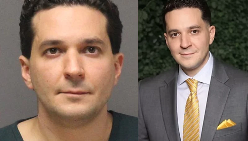 Side-by-side: left is a mugshot-style portrait of a man with dark hair; right is a professional headshot in a gray suit and yellow tie.