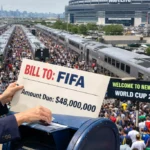 Woman holds a large sign reading 'Bill to FIFA' and 'Amount Due: $48,000,000' in a crowded stadium area with trains and a 'World Cup 2026' banner in the background, suggesting a protest or satirical depiction.