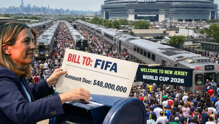 Woman holds a large sign reading 'Bill to FIFA' and 'Amount Due: $48,000,000' in a crowded stadium area with trains and a 'World Cup 2026' banner in the background, suggesting a protest or satirical depiction.