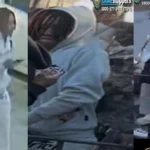 Triptych of surveillance frames: a person in a white hoodie with a backpack walking indoors on the left; a person in a gray hoodie looking at a phone in the center; and a person in a light jacket with a logo on the back standing by a railing on the right.