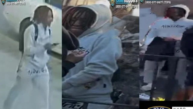 Triptych of surveillance frames: a person in a white hoodie with a backpack walking indoors on the left; a person in a gray hoodie looking at a phone in the center; and a person in a light jacket with a logo on the back standing by a railing on the right.